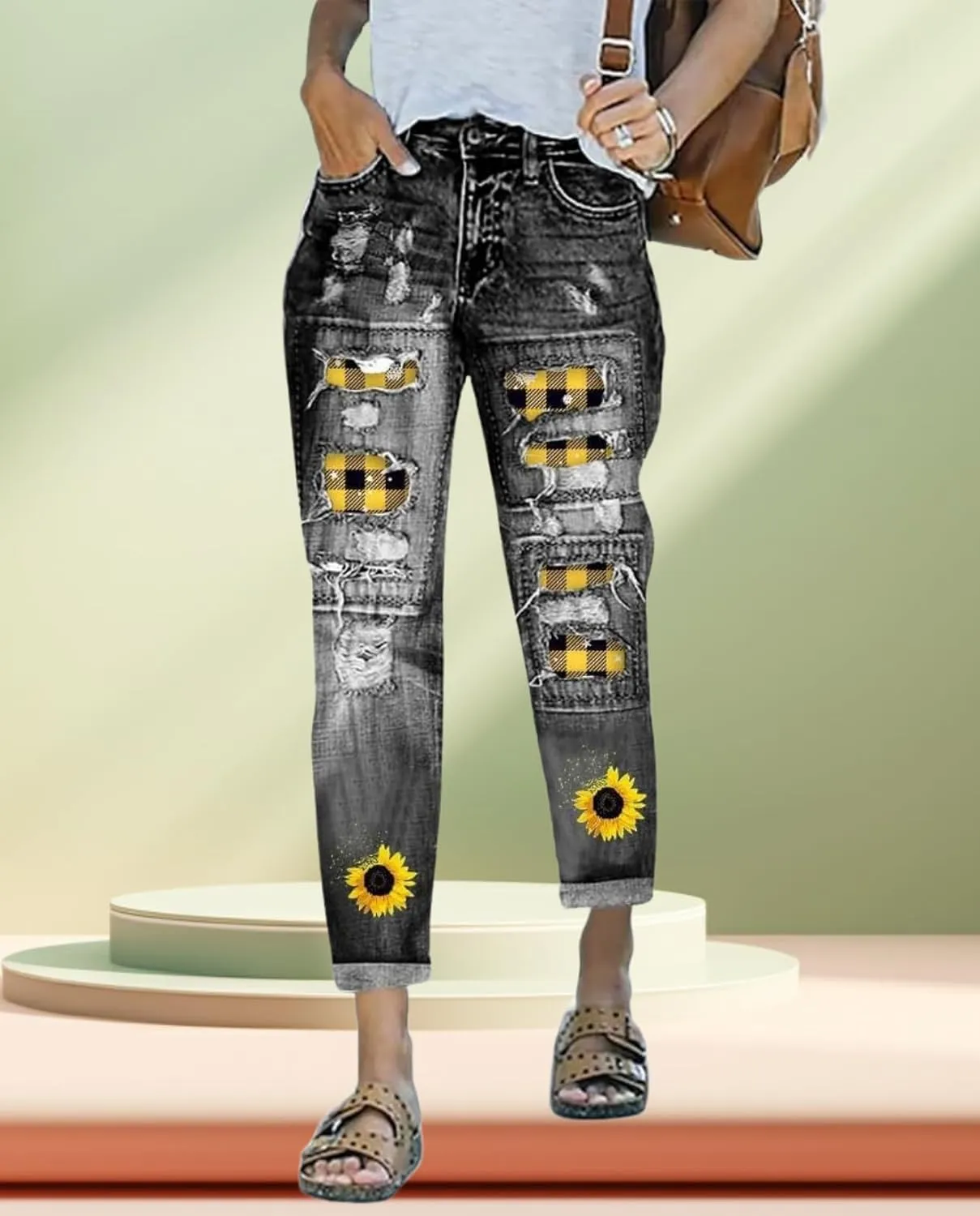 2025 New Women's Stretch Skinny Jeans Distressed Rips with Vintage Plaid Patches - Mid Rise Slimming Fit