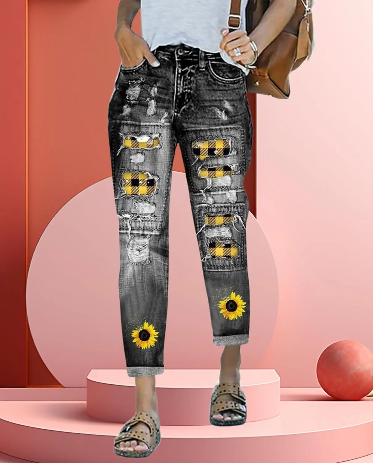2025 New Women's Stretch Skinny Jeans Distressed Rips with Vintage Plaid Patches - Mid Rise Slimming Fit