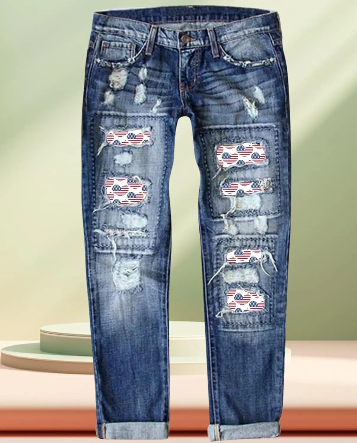 2025 New Women's Stretch Skinny Jeans Distressed Rips with Vintage Plaid Patches - Mid Rise Slimming Fit