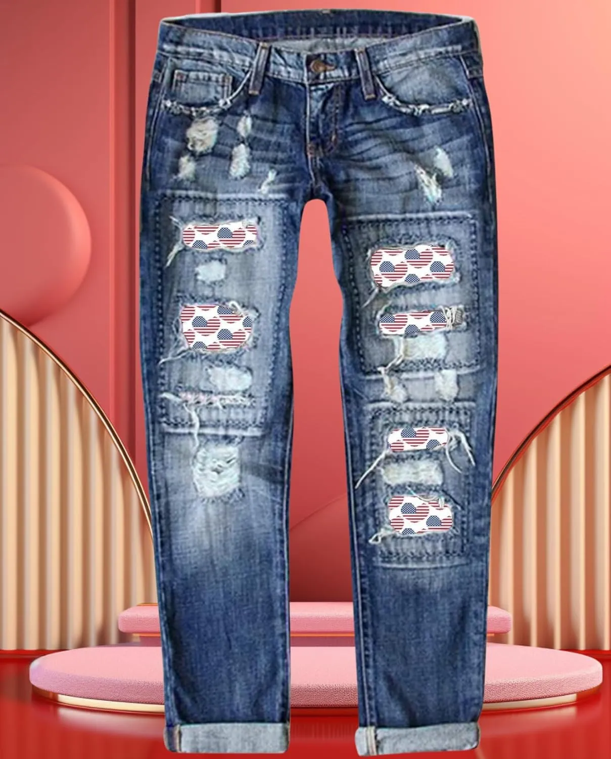 2025 New Women's Stretch Skinny Jeans Distressed Rips with Vintage Plaid Patches - Mid Rise Slimming Fit