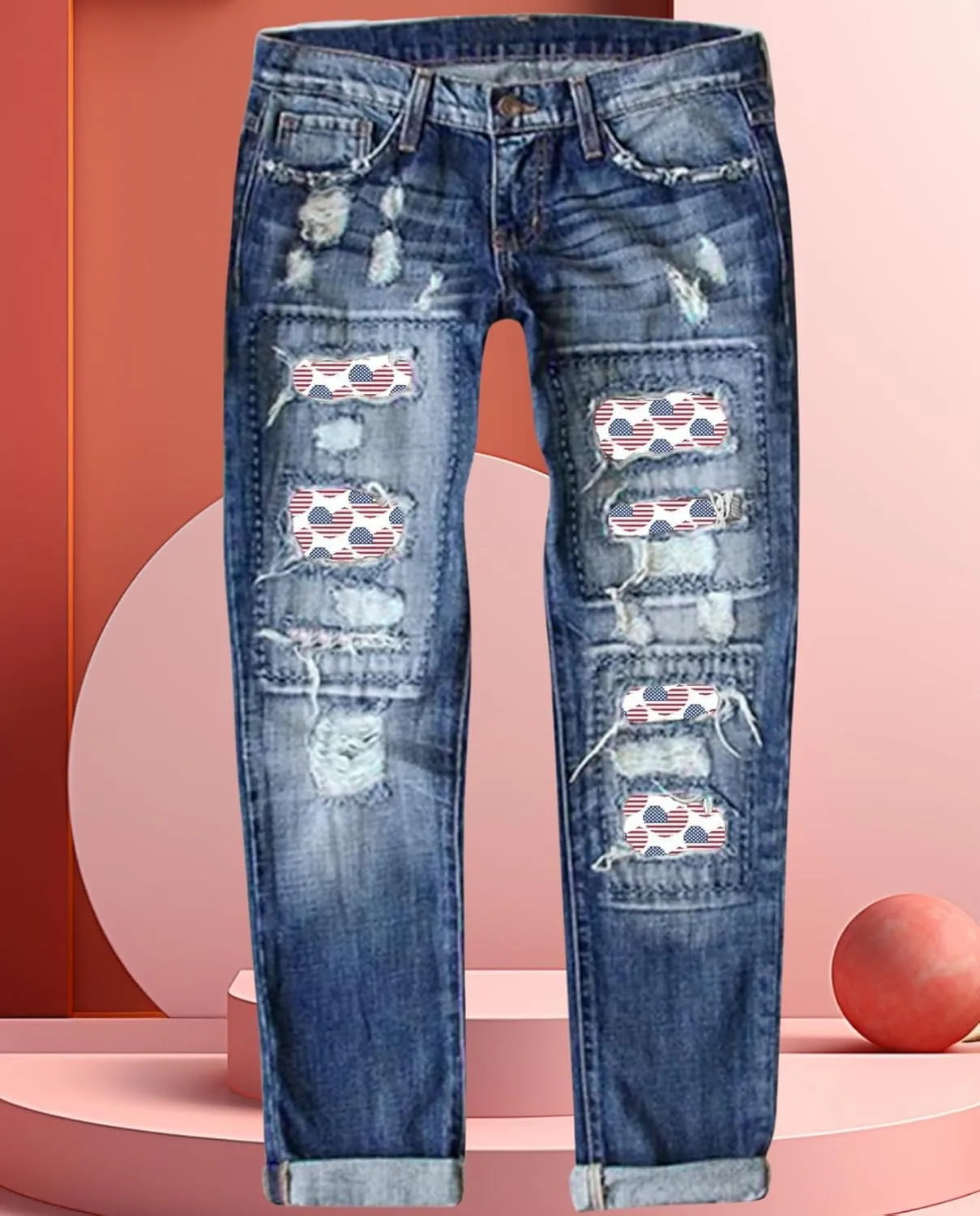 2025 New Women's Stretch Skinny Jeans Distressed Rips with Vintage Plaid Patches - Mid Rise Slimming Fit