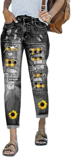 2025 New Women's Stretch Skinny Jeans Distressed Rips with Vintage Plaid Patches - Mid Rise Slimming Fit