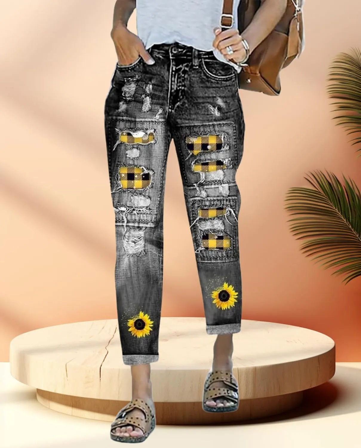 2025 New Women's Stretch Skinny Jeans Distressed Rips with Vintage Plaid Patches - Mid Rise Slimming Fit