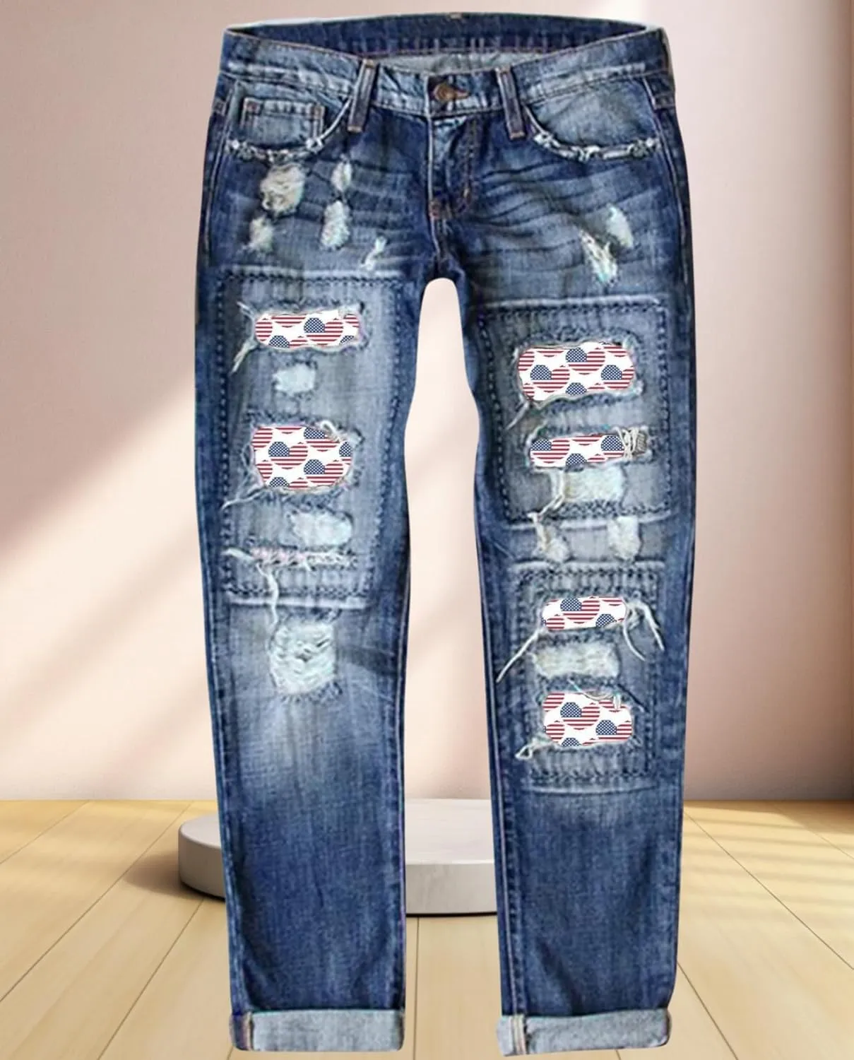 2025 New Women's Stretch Skinny Jeans Distressed Rips with Vintage Plaid Patches - Mid Rise Slimming Fit