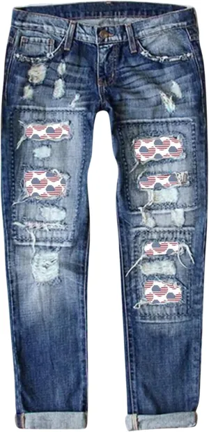 2025 New Women's Stretch Skinny Jeans Distressed Rips with Vintage Plaid Patches - Mid Rise Slimming Fit