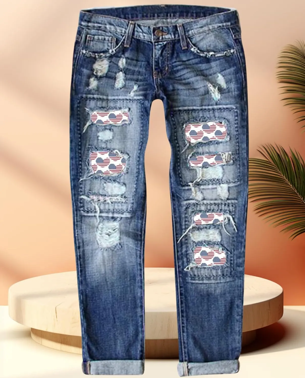 2025 New Women's Stretch Skinny Jeans Distressed Rips with Vintage Plaid Patches - Mid Rise Slimming Fit