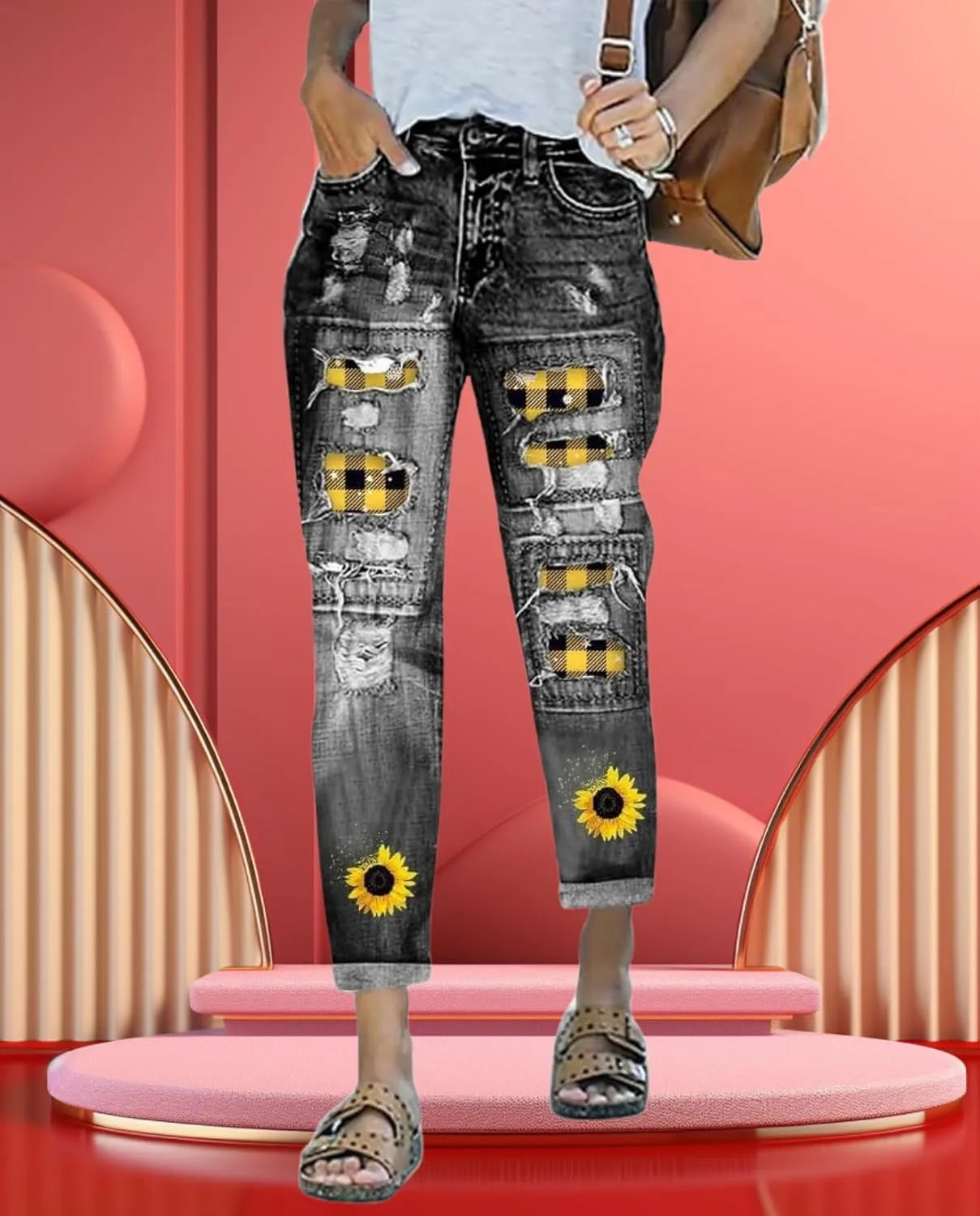 2025 New Women's Stretch Skinny Jeans Distressed Rips with Vintage Plaid Patches - Mid Rise Slimming Fit