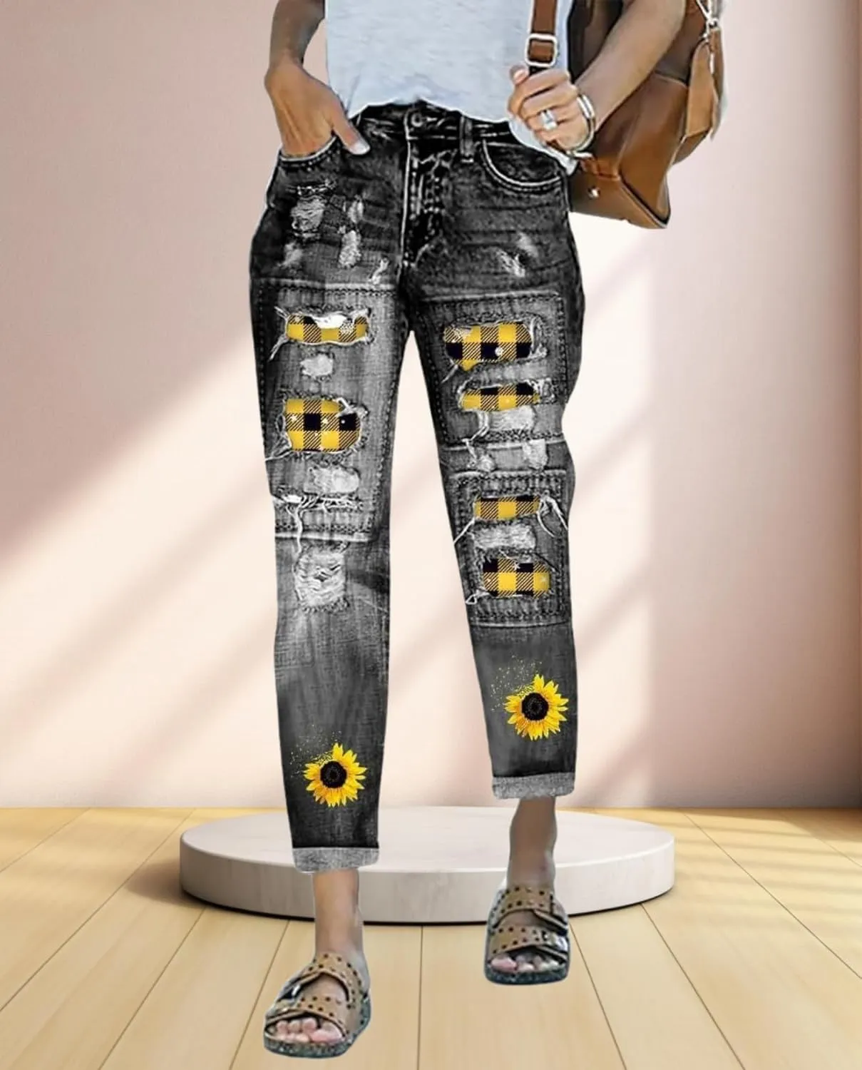 2025 New Women's Stretch Skinny Jeans Distressed Rips with Vintage Plaid Patches - Mid Rise Slimming Fit