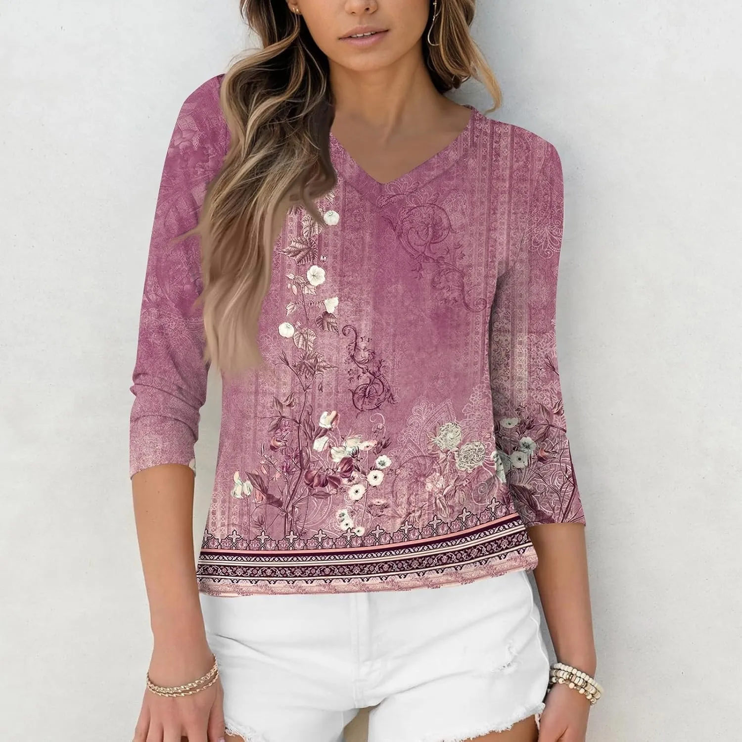 3/4 Sleeve Shirts for Women Cute Solid Floral Graphic V Neck Tunic Tees Blouses Casual Plus Size Basic Tops Pullover
