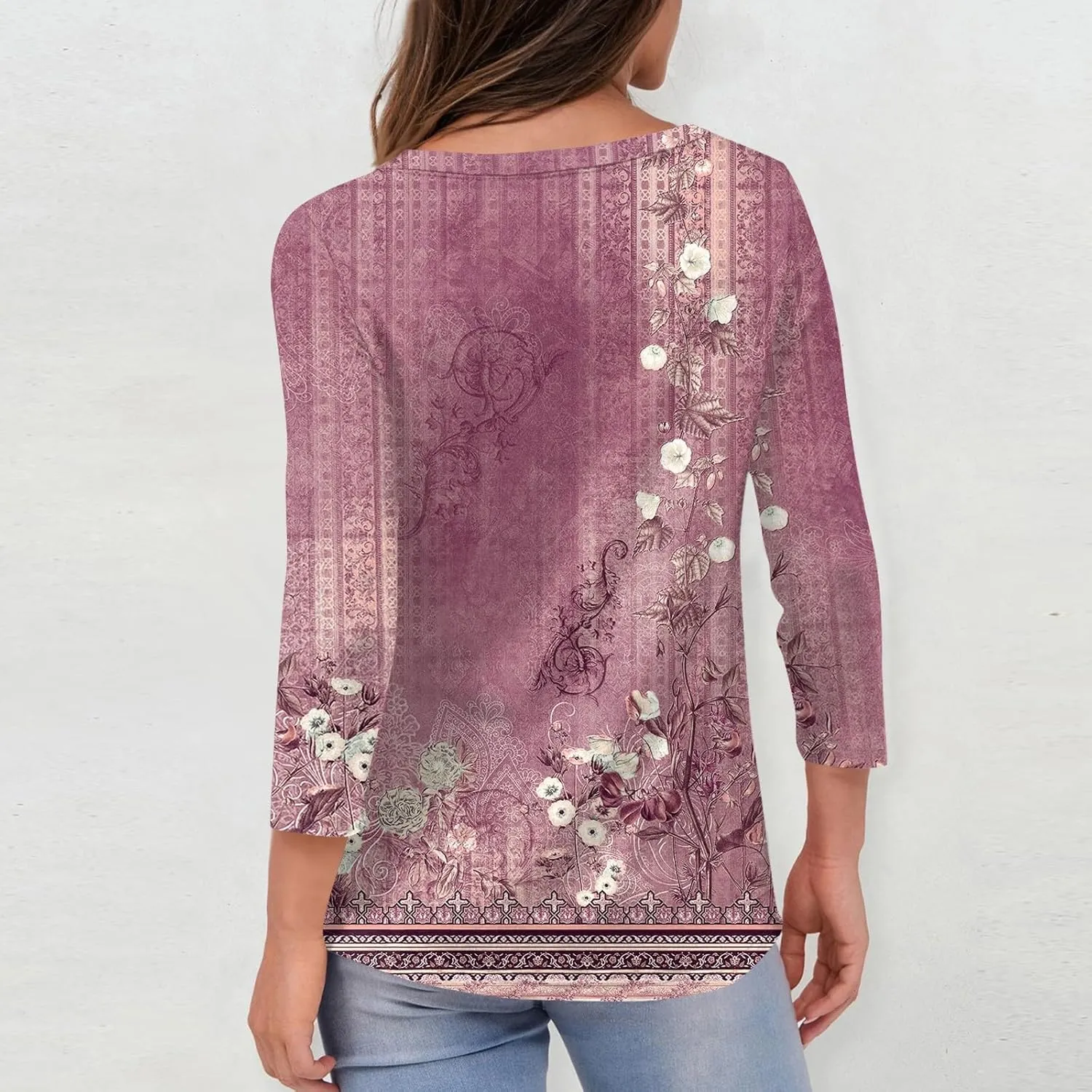 3/4 Sleeve Shirts for Women Cute Solid Floral Graphic V Neck Tunic Tees Blouses Casual Plus Size Basic Tops Pullover