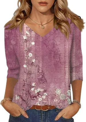 3/4 Sleeve Shirts for Women Cute Solid Floral Graphic V Neck Tunic Tees Blouses Casual Plus Size Basic Tops Pullover