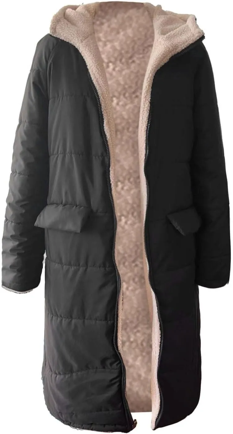 Akivide Womens Fleece Lined Long Jackets Casual Long Sleeve Full Zip Hooded Padded Coat Oversized Winter Warm Coat Outerwear