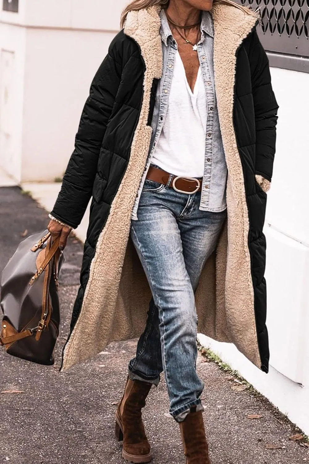 Akivide Womens Fleece Lined Long Jackets Casual Long Sleeve Full Zip Hooded Padded Coat Oversized Winter Warm Coat Outerwear