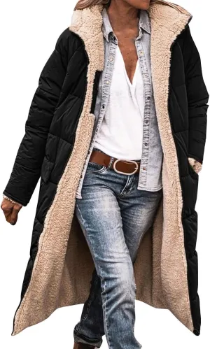 Akivide Womens Fleece Lined Long Jackets Casual Long Sleeve Full Zip Hooded Padded Coat Oversized Winter Warm Coat Outerwear