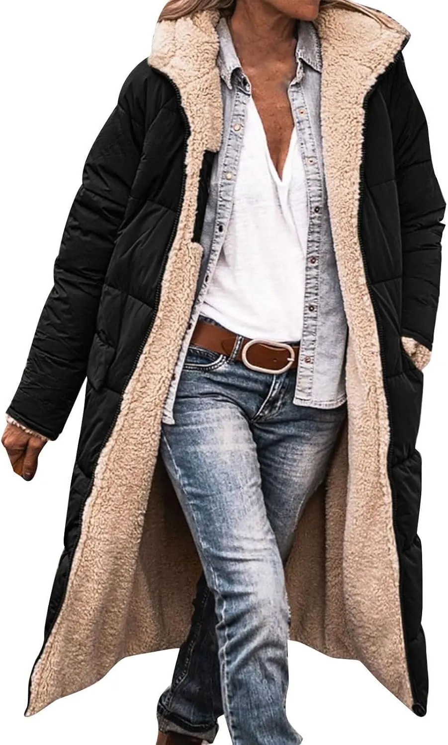 Akivide Womens Fleece Lined Long Jackets Casual Long Sleeve Full Zip Hooded Padded Coat Oversized Winter Warm Coat Outerwear