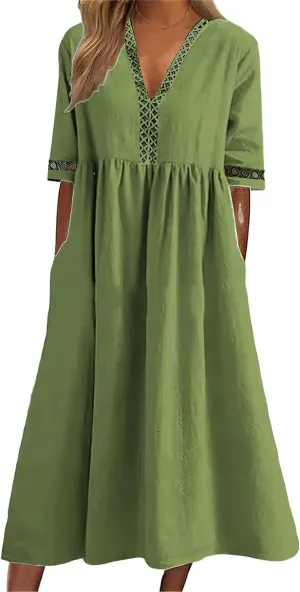 Akivide Women's Summer Cotton Linen Short Sleeve Maxi Dress Flowy Casual Loose Pleated Beach Tshirt Dress with Pockets