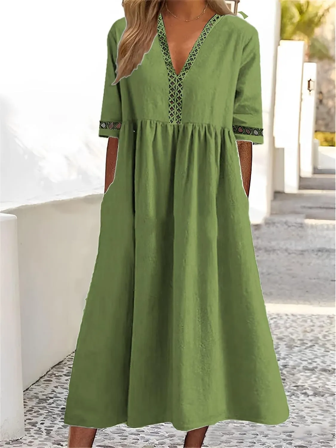 Akivide Women's Summer Cotton Linen Short Sleeve Maxi Dress Flowy Casual Loose Pleated Beach Tshirt Dress with Pockets