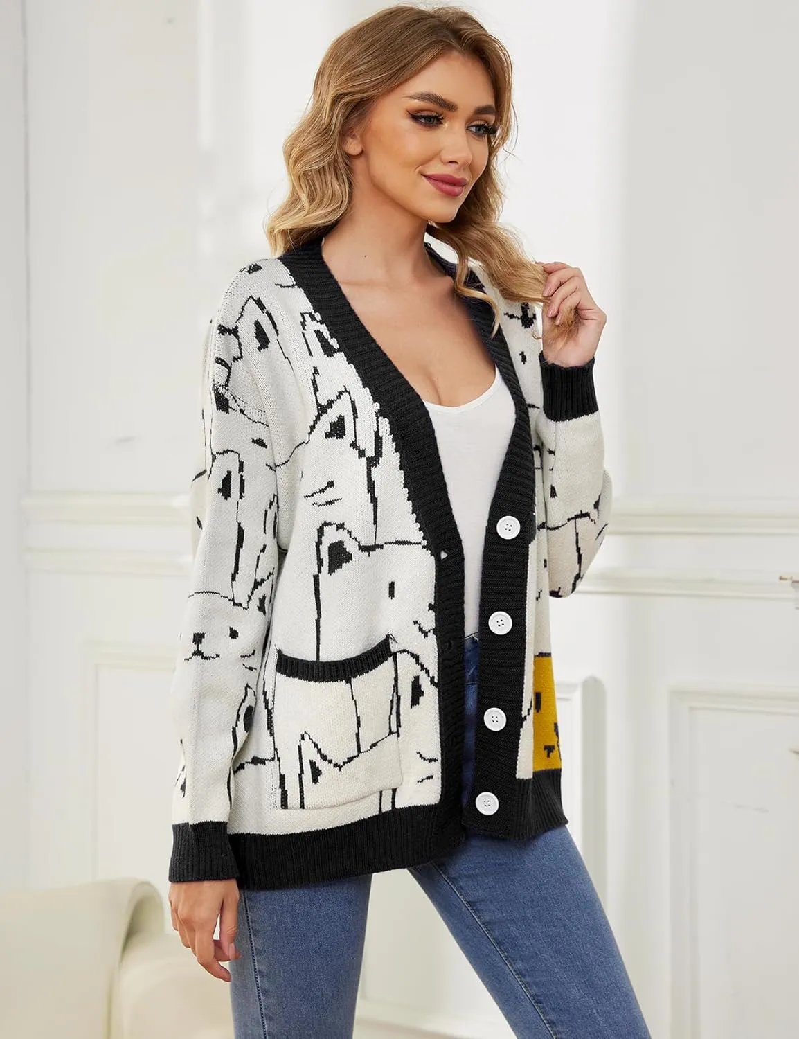 Arssm Cat Sweater for Women Oversized Button Down V Neck Cable Knit Sweater Cute Kawaii Cartoon Cardigan Coat