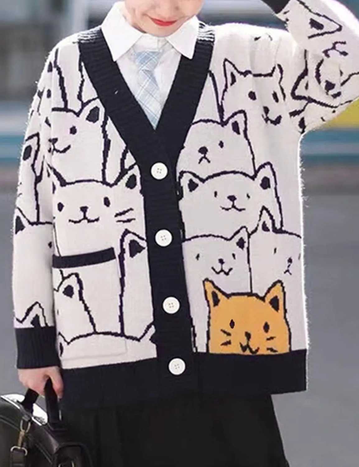 Arssm Cat Sweater for Women Oversized Button Down V Neck Cable Knit Sweater Cute Kawaii Cartoon Cardigan Coat