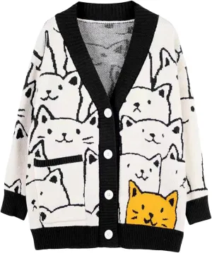 Arssm Cat Sweater for Women Oversized Button Down V Neck Cable Knit Sweater Cute Kawaii Cartoon Cardigan Coat