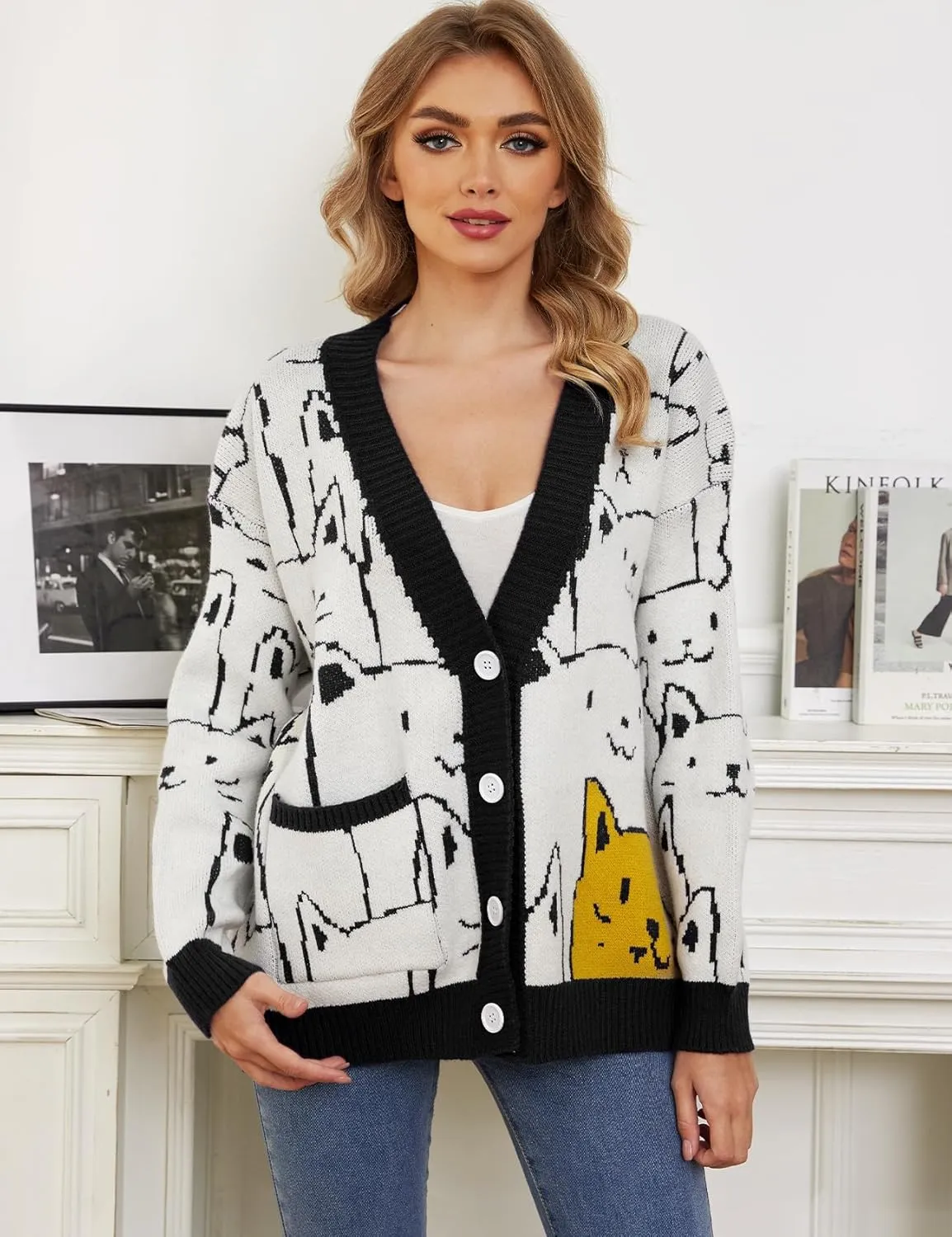 Arssm Cat Sweater for Women Oversized Button Down V Neck Cable Knit Sweater Cute Kawaii Cartoon Cardigan Coat