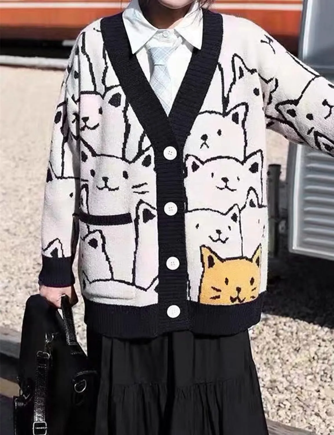 Arssm Cat Sweater for Women Oversized Button Down V Neck Cable Knit Sweater Cute Kawaii Cartoon Cardigan Coat