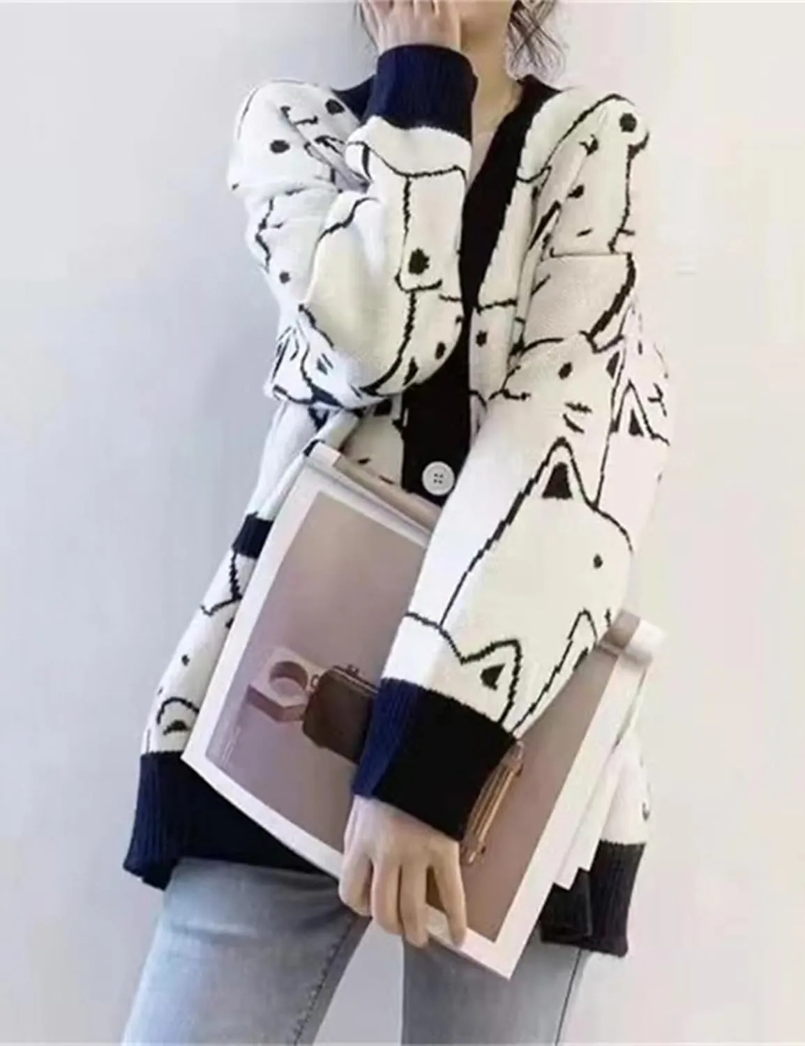 Arssm Cat Sweater for Women Oversized Button Down V Neck Cable Knit Sweater Cute Kawaii Cartoon Cardigan Coat