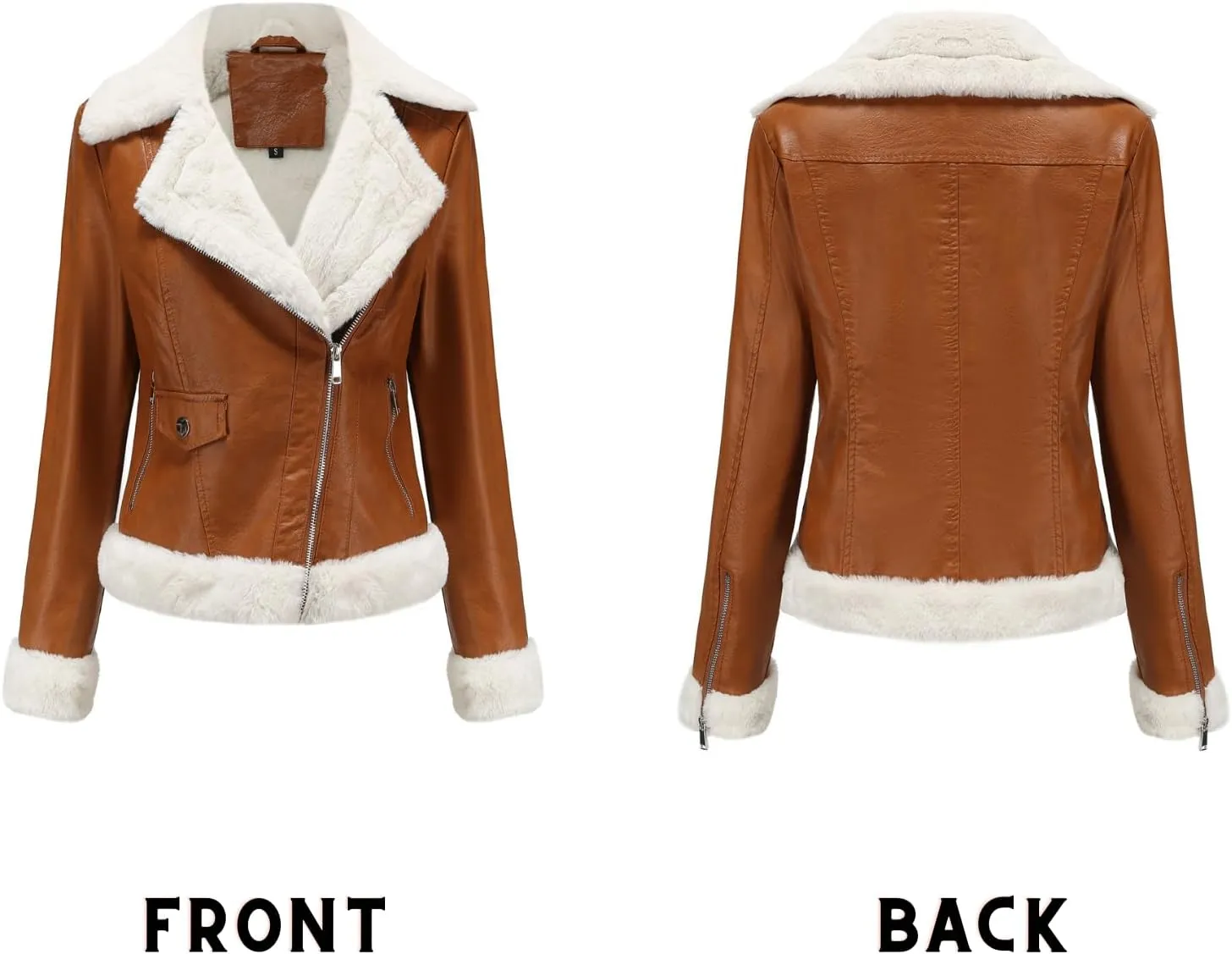 BAIMORE Women's Lapel Sherpa Fleece Lined Asymmetrical Zip Up Moto Biker Faux Leather Jacket