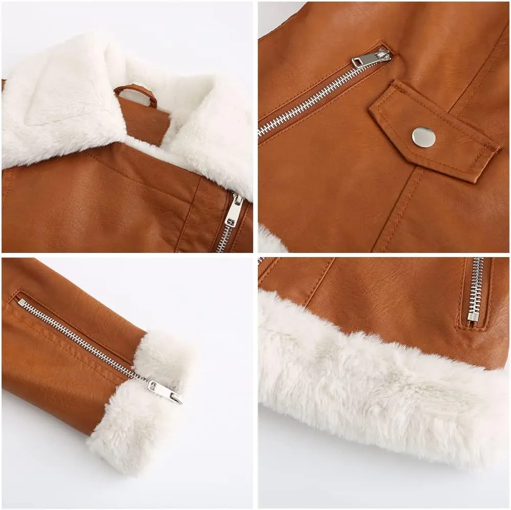 BAIMORE Women's Lapel Sherpa Fleece Lined Asymmetrical Zip Up Moto Biker Faux Leather Jacket