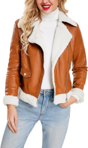 BAIMORE Women's Lapel Sherpa Fleece Lined Asymmetrical Zip Up Moto Biker Faux Leather Jacket