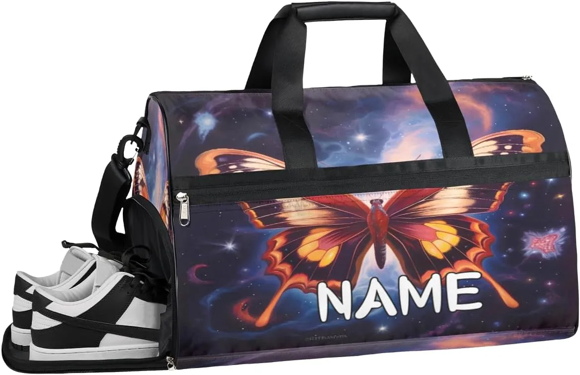 Beautiful Butterfly Galaxy Sports Gym Bag with Wet Pocket & Shoes Compartment Travel Duffel Bag for Women Men Custom Sports Gym Bag Personalized Overnight Stay Weekend Tote Beach Luggage