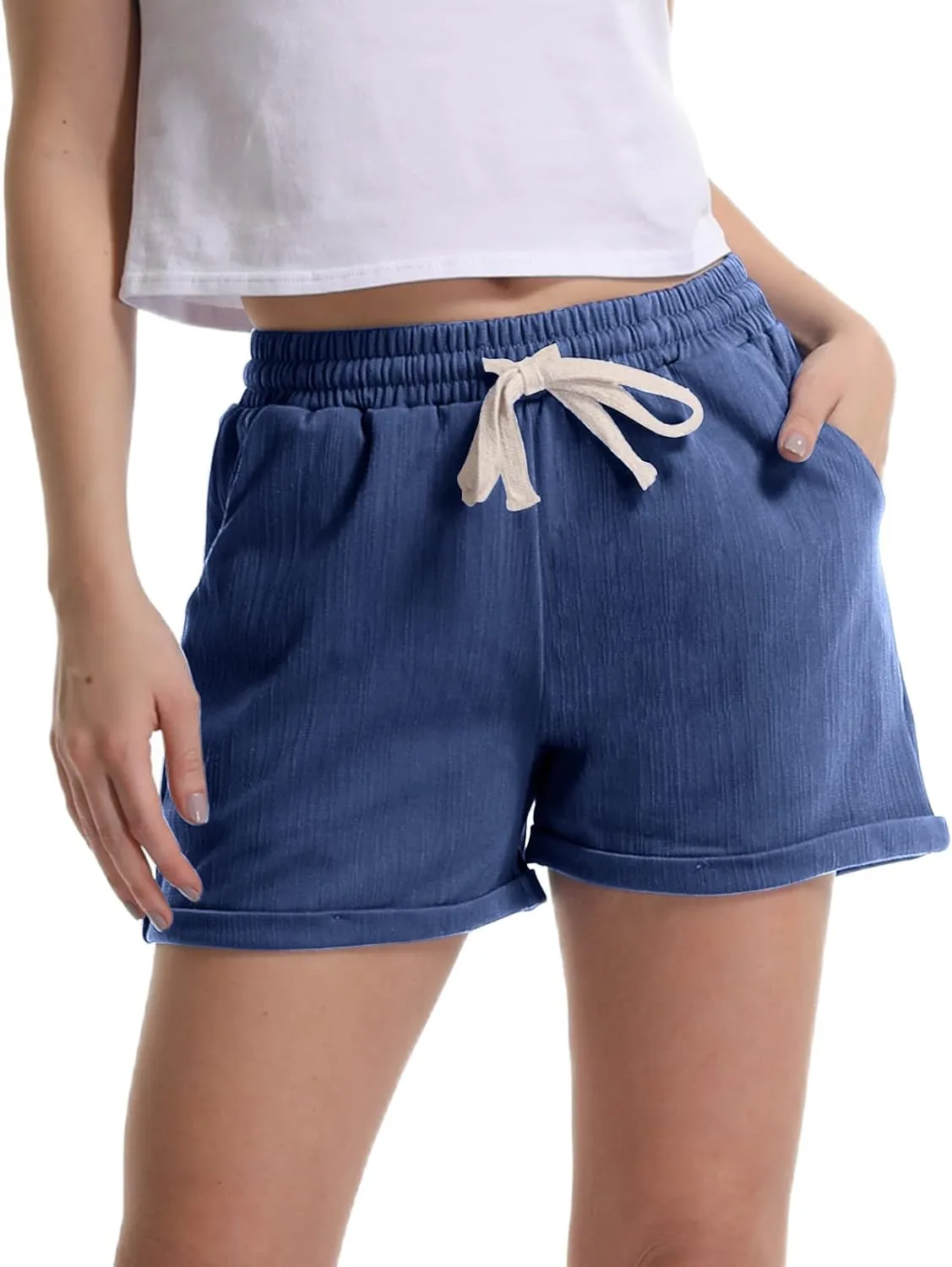 Bermuda Shorts for Women Cotton Linen Comfy Plus Size Elastic Waist Knee Length Travel Shorts for Summer Walking Beach