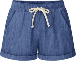 Bermuda Shorts for Women Cotton Linen Comfy Plus Size Elastic Waist Knee Length Travel Shorts for Summer Walking Beach