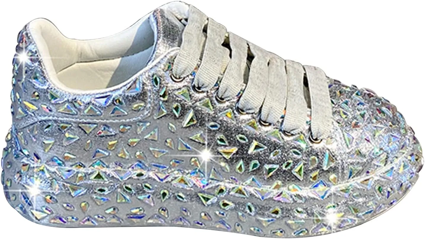 Bling Sneakers Rhinestone Sneakers, Glitter Sparkly Fashion Sneakers Shoes, Sparkly Rhinestone Platform Casual Walking Shoes, Lightweight Bride Sequin Wedding And Party Trendy Sho(Size:9,Color:Silver)