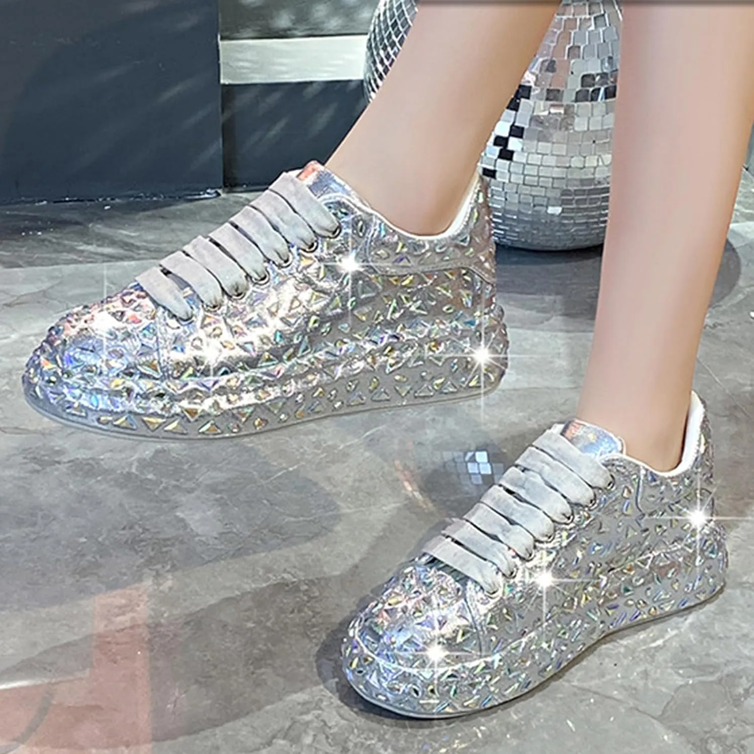 Bling Sneakers Rhinestone Sneakers, Glitter Sparkly Fashion Sneakers Shoes, Sparkly Rhinestone Platform Casual Walking Shoes, Lightweight Bride Sequin Wedding And Party Trendy Sho(Size:9,Color:Silver)