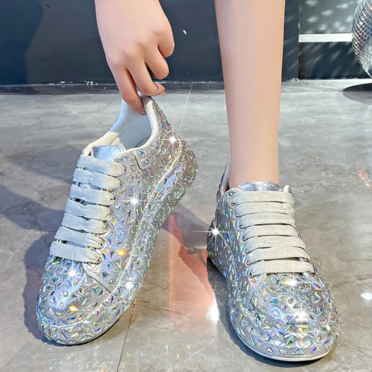 Bling Sneakers Rhinestone Sneakers, Glitter Sparkly Fashion Sneakers Shoes, Sparkly Rhinestone Platform Casual Walking Shoes, Lightweight Bride Sequin Wedding And Party Trendy Sho(Size:9,Color:Silver)