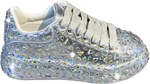 Bling Sneakers Rhinestone Sneakers, Glitter Sparkly Fashion Sneakers Shoes, Sparkly Rhinestone Platform Casual Walking Shoes, Lightweight Bride Sequin Wedding And Party Trendy Sho(Size:9,Color:Silver)