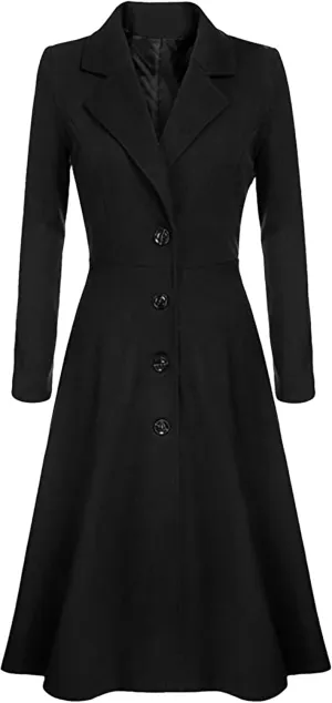 BOFETA Women's Vintage Notched Lapel Collar Wool Blend Dress Coat Swing A Line Long Solid Color Button Pea Coat