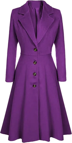 BOFETA Women's Vintage Notched Lapel Collar Wool Blend Dress Coat Swing A Line Long Solid Color Button Pea Coat