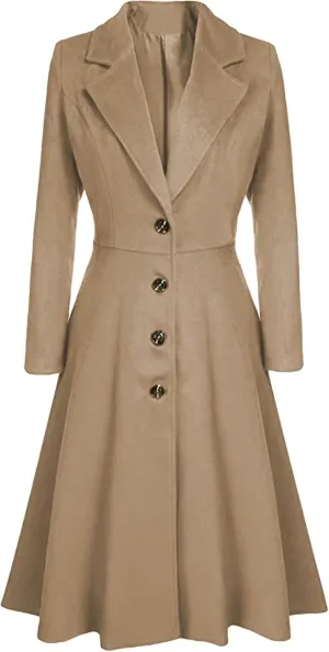 BOFETA Women's Vintage Notched Lapel Collar Wool Blend Dress Coat Swing A Line Long Solid Color Button Pea Coat