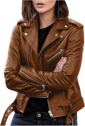 BOXIACEY Women's Cool Faux Leather Jacket Casual Fall Long Sleeve Short Jacket Outerwear Zipper Fitted Coat