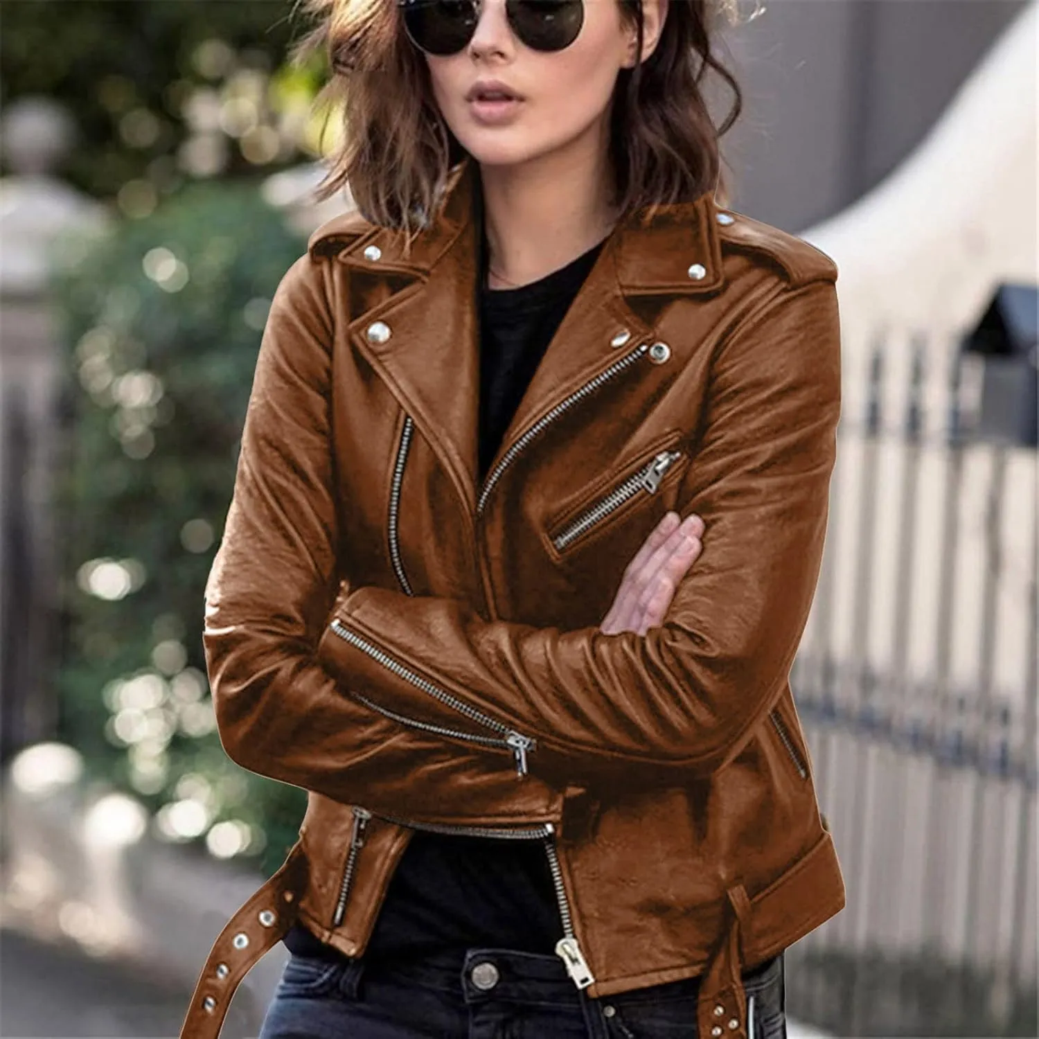 BOXIACEY Women's Cool Faux Leather Jacket Casual Fall Long Sleeve Short Jacket Outerwear Zipper Fitted Coat