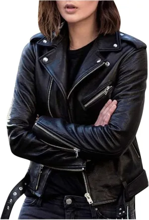 BOXIACEY Women's Cool Faux Leather Jacket Casual Fall Long Sleeve Short Jacket Outerwear Zipper Fitted Coat