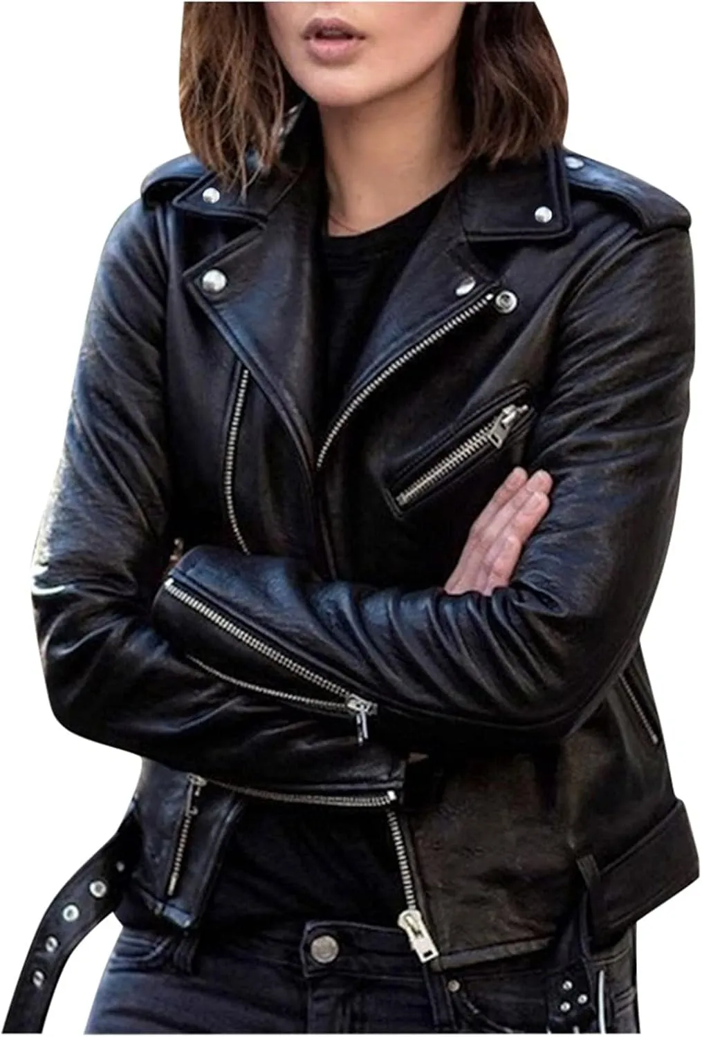 BOXIACEY Women's Cool Faux Leather Jacket Casual Fall Long Sleeve Short Jacket Outerwear Zipper Fitted Coat