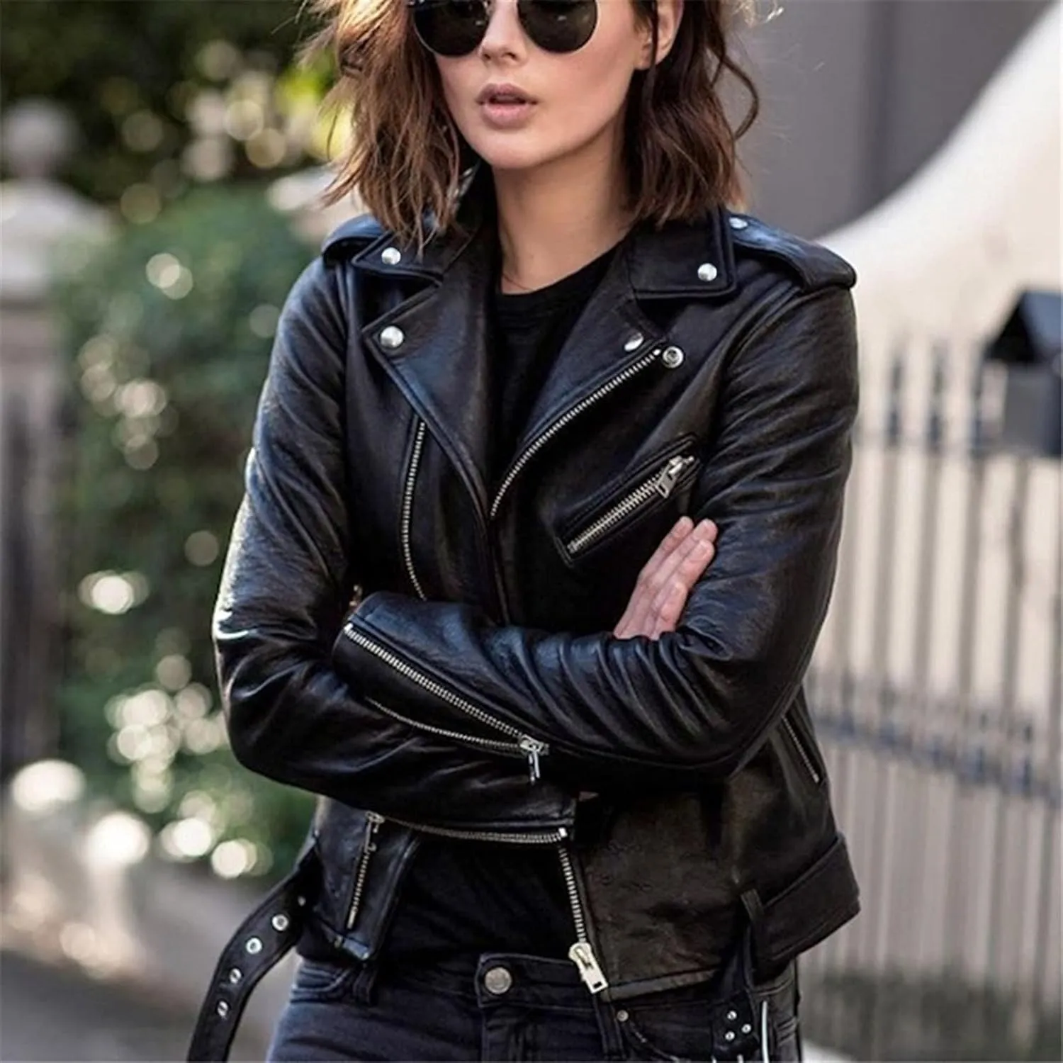 BOXIACEY Women's Cool Faux Leather Jacket Casual Fall Long Sleeve Short Jacket Outerwear Zipper Fitted Coat