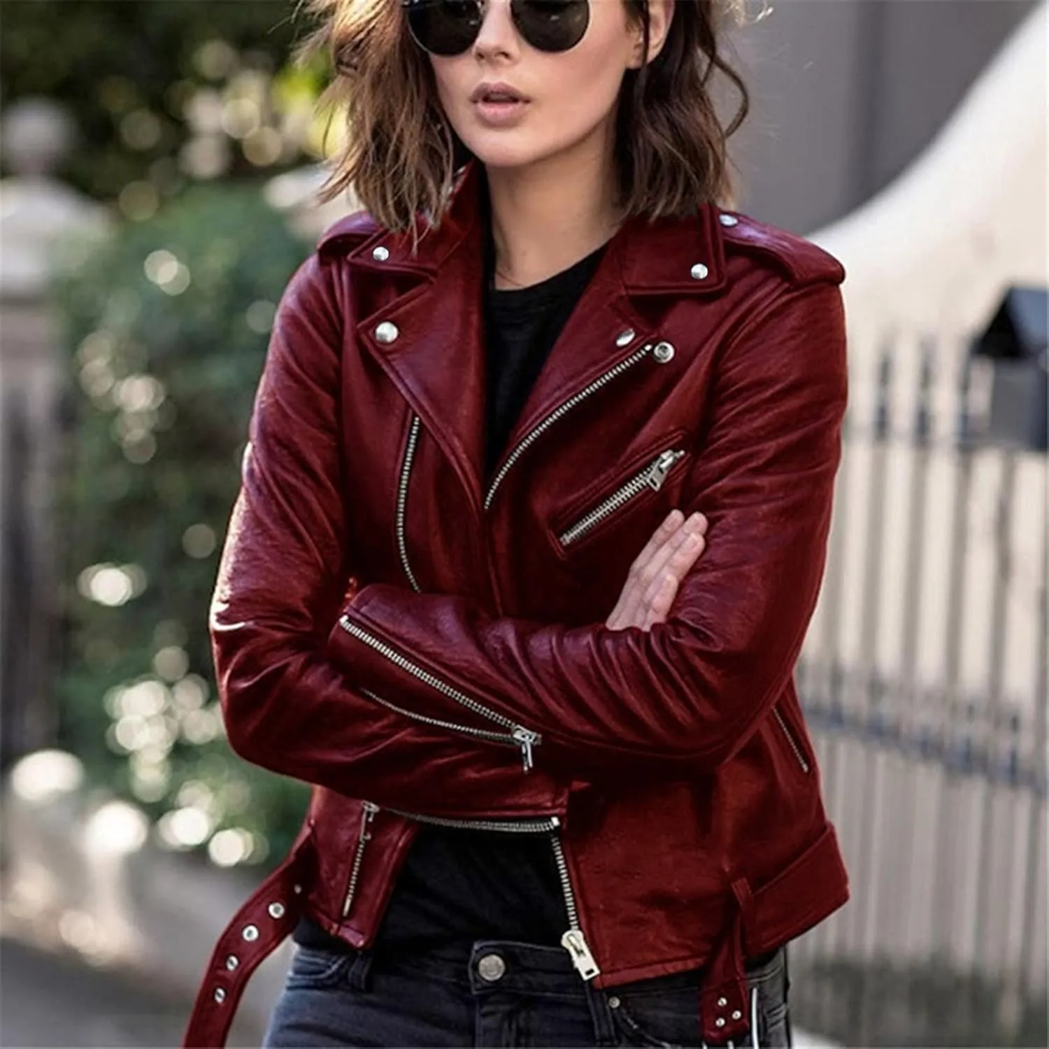 BOXIACEY Women's Cool Faux Leather Jacket Casual Fall Long Sleeve Short Jacket Outerwear Zipper Fitted Coat