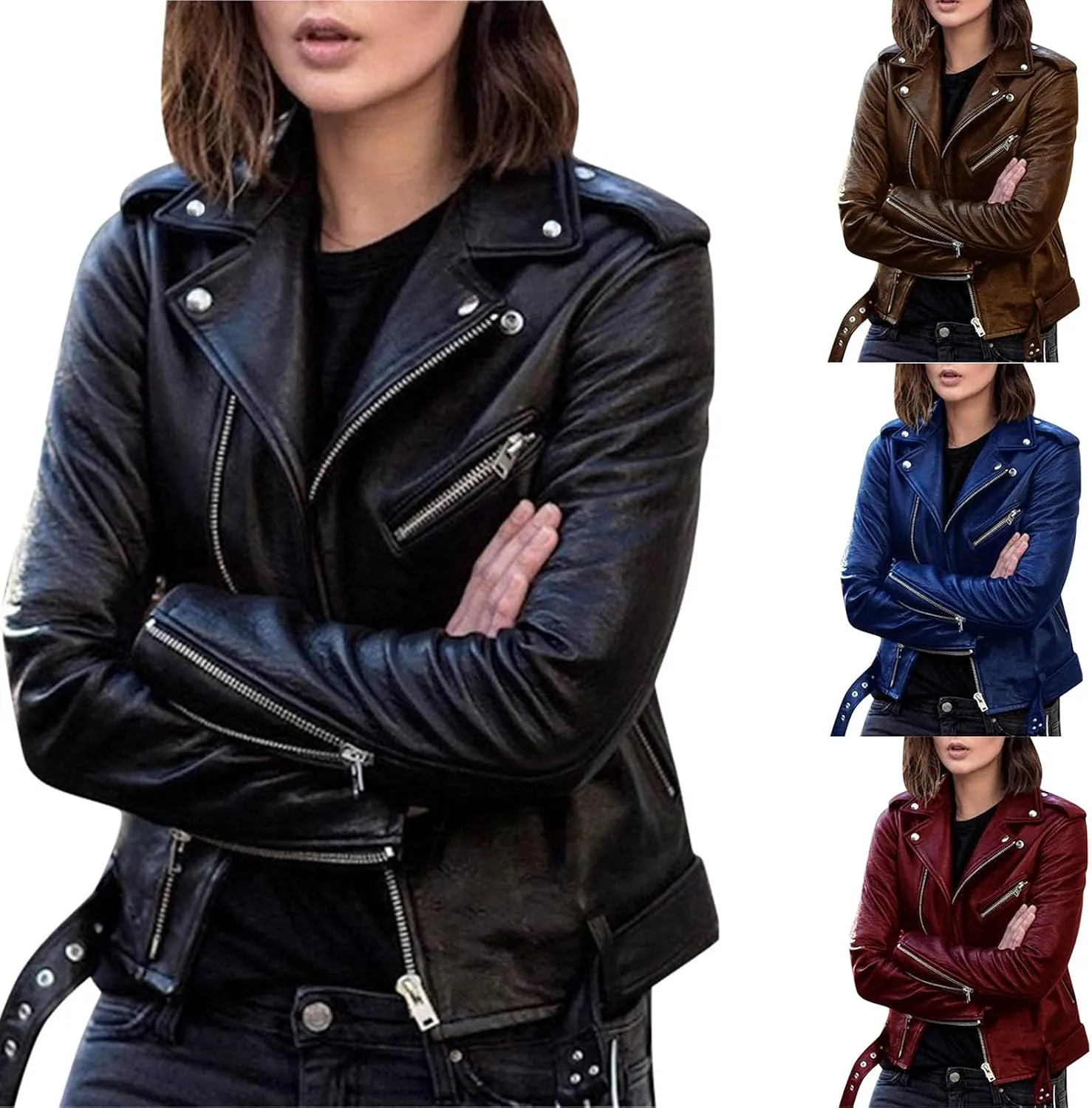 BOXIACEY Women's Cool Faux Leather Jacket Casual Fall Long Sleeve Short Jacket Outerwear Zipper Fitted Coat