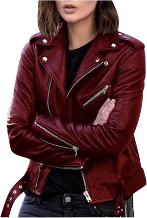 BOXIACEY Women's Cool Faux Leather Jacket Casual Fall Long Sleeve Short Jacket Outerwear Zipper Fitted Coat