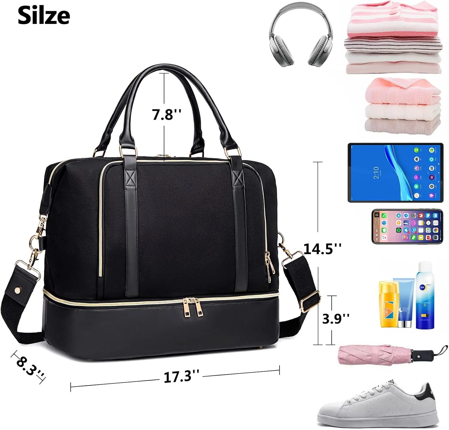 CAMTOP Women Ladies Travel Weekender Bag Overnight Duffel Carry-on Tote Bag with Luggage Sleeve fit 15.6 Inch Laptop Computer (Black with Shoe Compartment)