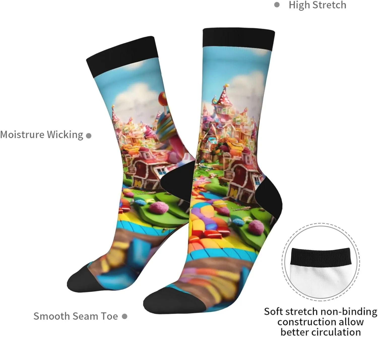 Candy Land Print Fun Contrast Socks,Novel Crazy Cool Socks,Pattern Funky Novelty Socks,Unisex Bulk Socks